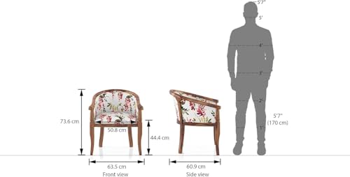 Image of Sheesham Wood Barrel Accent Chair with Floral Fabric Upholstery Teak Finish Handcrafted Wooden Lounge Chair with Backrest (Carmine Cassia)