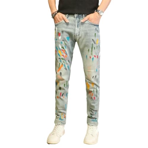 Street Men Jeans Retro Washed Blue Stretch Slim Fit Ripped Jeans Mens Painted Designer Hip Hop Splashed Denim Pants