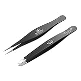 Stainless Steel Set Slant Tip + Surgical Tweezer for Ingrown Hair. Precision Sharp Needle Nose Pointed Tweezers for Splinters,Ticks & Glass Removal-Best for Eyebrow Hair, Facial Hair Removal (black)