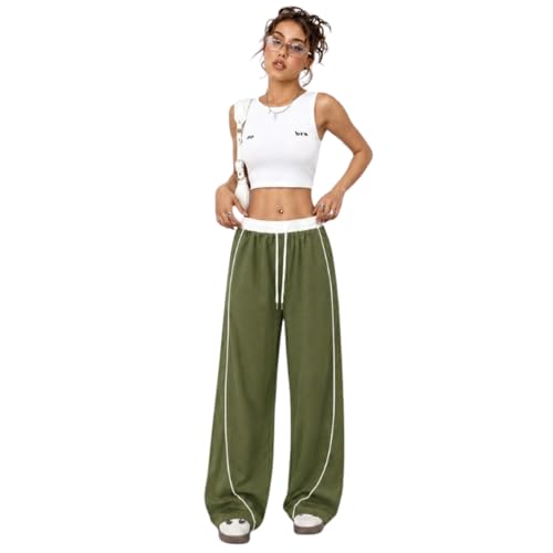 Image of Women's Baggy Loose Fit Wide Leg Track Pants | Elastic Waist Drawstring Casual Lounge Trousers with Side Stripe and Pockets