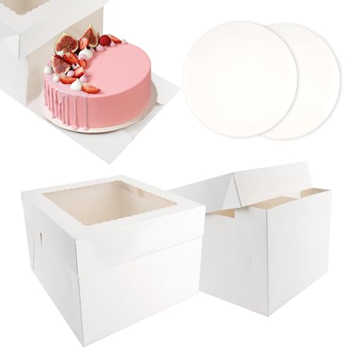 Tikplus Tortenbox Set, 2 Stück Tortenkarton mit Tortenplatte, 25.4x25.4x20.3cm Cake Box, Tortenbox Karton, Tortentransportbox, Torten Karton Box, für Kuchen, Gebäck(Weiße)