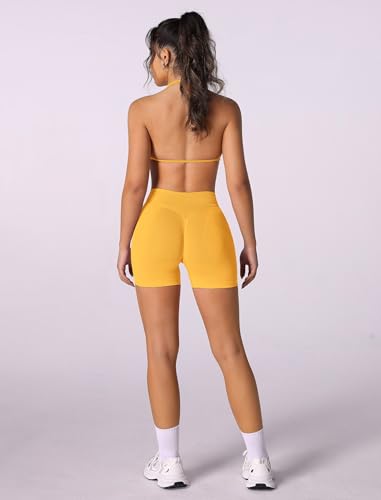 Image of ABOCIW Womens Seamless Workout Sets 2 Piece Strappy Halter Sports Bra Scrunch Butt Shorts Gym Yoga Outfits