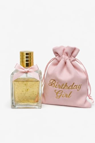Image of Birthday Girl Perfume with Pink Drawstring Pouch, Gold Cap Glass Bottle, Gift Set