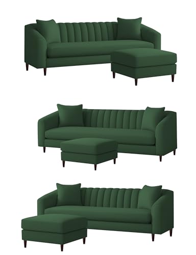 Image of Casaliving Doraldo 4 Seater L Shape Convertible Sofa Set for Living Room, 3 Seater & Ottoman Modular Sectional Couch for Small Space (Green Colour) Fabric