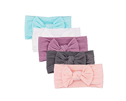 Parker Baby Cable Knit Nylon Headbands 5 Pack | Soft, Stretchy & Comfortable Bows for Girls | Adjustable, Soft to Touch & Knotted Headbands for Baby Girls | Baby Headwraps for Girls | Multiple Colors