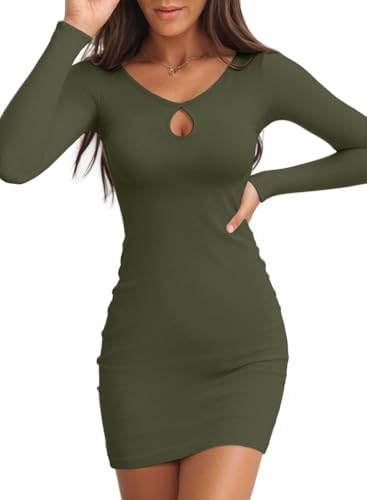 Image of Valiamcep Women's Long Sleeve Dress Crewneck Bodycon Dresses Ribbed Knit Slim Fit Casual Mini Dress