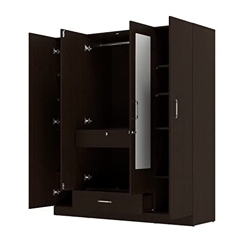 Image of Wakefit Wardrobe | 1 Year Warranty | Engineered Wood Almirah, Cupboard for Clothes Storage | 4 Door, Mirror, 2 Drawers, 1 Hanging Space | Gingham - Wenge