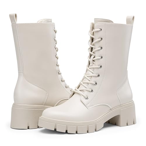 Image of Vepose Women's Mid Calf Combat Lace Up Chunky Platform Boots