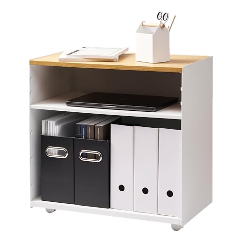 Yamazaki Home Tower Mobile Hideaway Storage Cart – Rolling Printer Stand with Adjustable Shelves, Hidden Storage, Rolling Cart with Wheels, Mobile Office Organizer, Utility Cart, 23' - Steel + Wood -