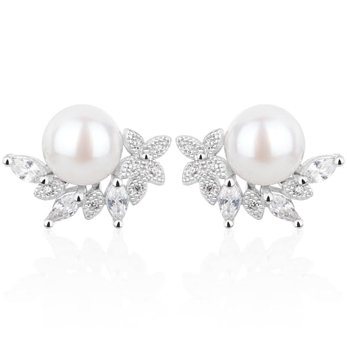 Natural Pearl Earrings for Women 925 Sterling Silver Cubic Zirconia Handmade Earrings Jewelry for Women AAAA Quality Real White Freshwater Pearl (8.00, Natural Zirconia Silver Studs)
