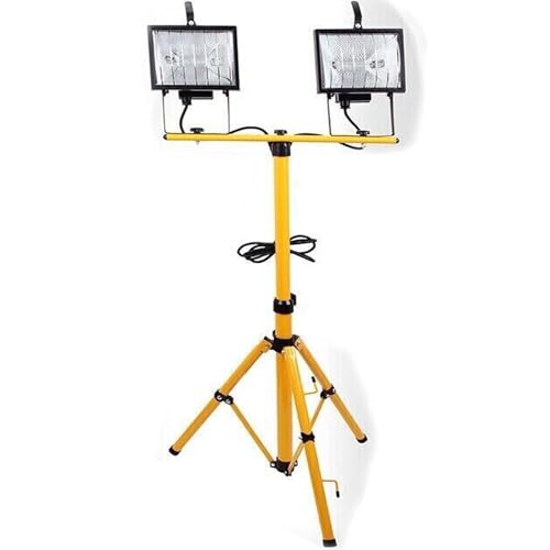 Buystarget Tripod Halogen Work Light Twin Head 500W R7s Bulb 2X Extra Bright Lights Floodlight, Adjustable Steel Stand Outdoor Indoor Worklight Workshop Job Construction Site Spotlight Lamp