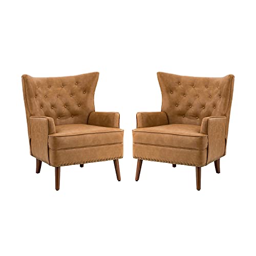 Hulala Home Faux Leather Set Of 2 Modern Accent Chair With Solid Wood Legs, Comfy Upholstered Armchair With Button-Tufted And Nailhead Trim For Living Room/Bedroom/Reading Room,Camel #TOP4
