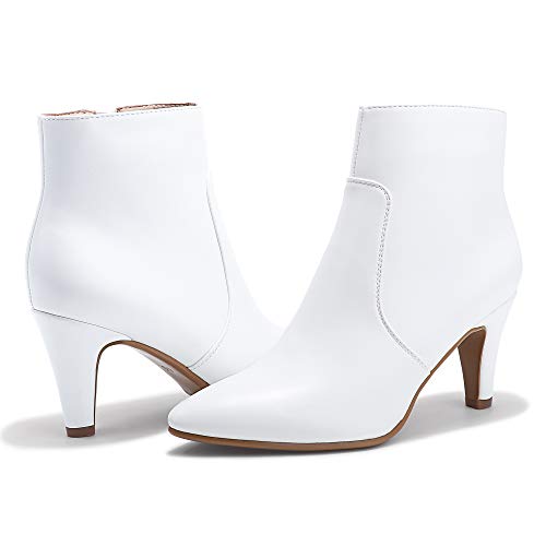 Idifu Women's High Heel Ankle Bootie Pointed Toe Stiletto Short Boot With Side Zipper(9.5, White Pu) #TOP4