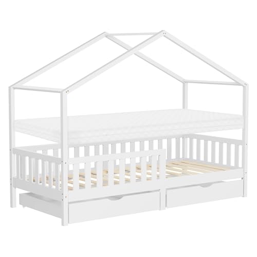 ML-Design Kinderbett Hausbett 90x200 cm Weiß mit Matratze, Holzbett mit 2 Schubladen, Rausfallschutz und Lattenrost, Spielbett aus Kiefernholz, Montessori Bettgestell für Kinder, Bodenbett Bettenhaus ML-Design Kinderbett Hausbett 90x200 cm Weiß mit Matratze, Holzbett mit 2 Schubladen, Rausfallschutz und Lattenrost, Spielbett aus Kiefernholz, Montessori Bettgestell für Kinder, Bodenbett Bettenhaus
