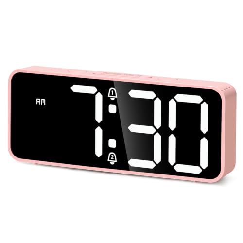 Cadmos Battery Operated Small Cute Digital Alarm Clock for Bedroom Cordless or Plug-in Birthday Gift for Girls Teens Women Extra Loud 105dB LED Desk Clock 2 Alarms 5-Level Dimmer(Pink+White)