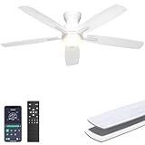 Ohniyou Ceiling Fans with Lights, 52'' Low Profile Ceiling Fan with Light and Remote/APP Control, Modern Flush Mount Ceiling Fan for Indoor Bedroom Living Room, Dimmable, Qiuet DC Motor, White