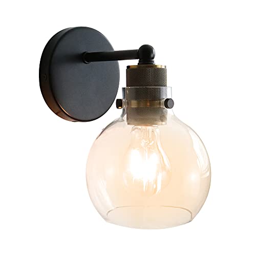 Image of MONKFISH Modern Industrial Wall Sconce Light with Glass Globe Shade, Black & Brass Wall Lamp Fixture for Bathroom, Bedroom, Hallway & Living Room, E26 Socket, UL Listed