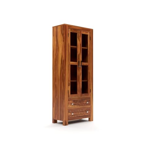 Image of Sheesham Wood Bookcases with 4 Shelves 2 Drawer - Wooden Kitchen Crockery Cabinet for Dining Room Kitchen with Glass Door Book Shelf Wooden Rack for Living Room (James Honey)