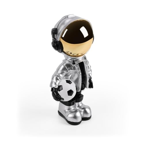 Estatua decorativa astronauta con balón de fútbol plateada miniatura 2