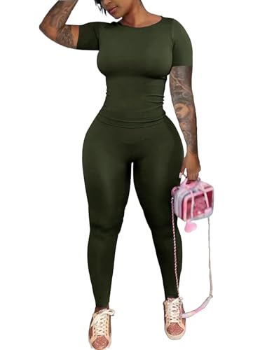 chicyes Workout 2 Piece Sets For Women Summer Casual Two Piece Outfits Short Sleeve Tops Long Pants Lounge Matching Set