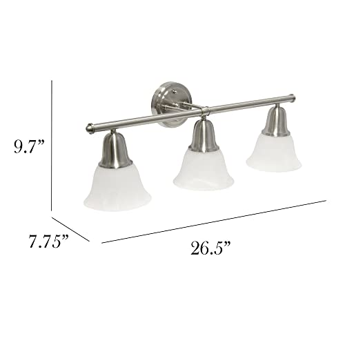 Image of Simple Designs VT1027-BSN 26.5 inch Classic 3 Light Straight Metal Bar & Frosted Marble White Bell Shape Glass Shades Decorative Wall Mounted Vanity Fixture Bathroom, Entryway, Hallway, Brushed Nickel