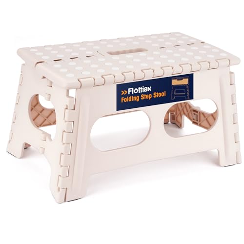 Image of Flottian 9 inch Folding Step Stool for Adults and Kids 15-Inch Extra Wide Stool Holds Up to 300 lbs,Non-Slip Folding Stools with Handle,Compact Plastic Foldable Step Stool for Bathroom,Kitchen,ect,Khaki