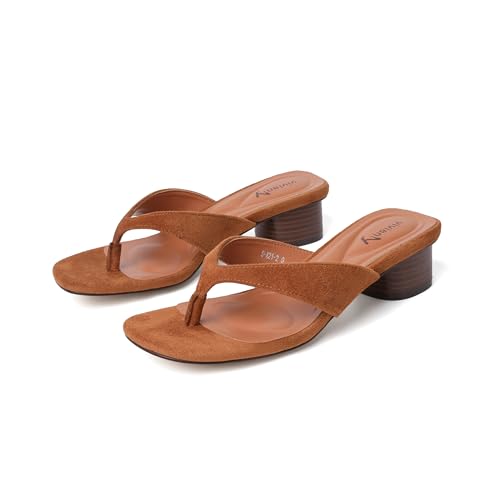 Image of vivianly Women's Suede Low Chunky Block Heel Flip Flops Square Toe Thong Heeled Sandals Casual Slip On Mules for Work Beach Casual Outings