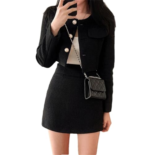 Women Tweed Two Piece Sets Long Sleeve Pearl Buttons Short Jacket And A Line Mini Skirt Set