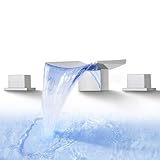 SKOWLL Bathroom Faucet 3 Hole Chrome, 8-16 Inch Widespread Bathroom Faucets Deck Mount 3 Piece Waterfall Sink Faucet with LED Lights, 2 Handle Vanity Faucets