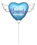 Heavenly Balloons Happy Heavenly Birthday Balloon on a Stick Blue 8' Heart with Angel Wings, Memorial Grave Decoration, in Loving Memory, Cemetery Remembrance Gift
