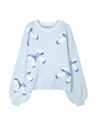 Image of Libsorge Womens Oversized Cute Bows Crewneck Pullover Sweater | Fall Winter Trendy Long Shoulder Balloon Sleeve Cozy Knit Baggy Printed Dressy Casual Valentines Day Vintage Sweaters