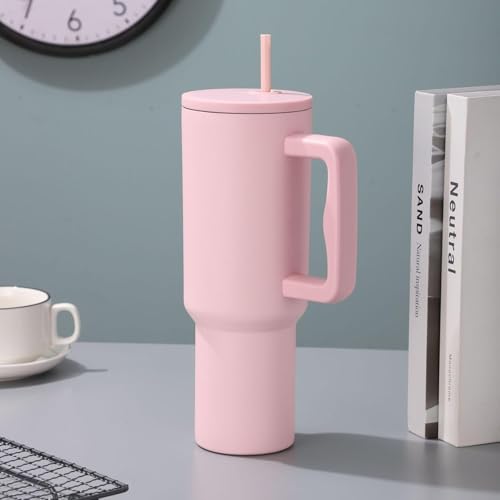 Image of Tumbler with Handle and Straw Lid, Reusable Cup Leakproof Iced Coffee Sipper Mug for Keeping Beverages Water Hot or Cold, Perfect for Travel, Gym 1.2L (Pink)