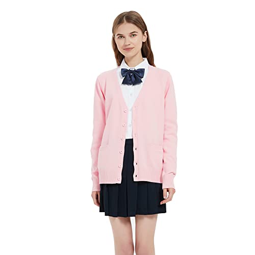 Image of jinghuiyue Women's Cardigan School Uniform Sweater V Neck Button Down Knit Cardigans Coat with Pockets