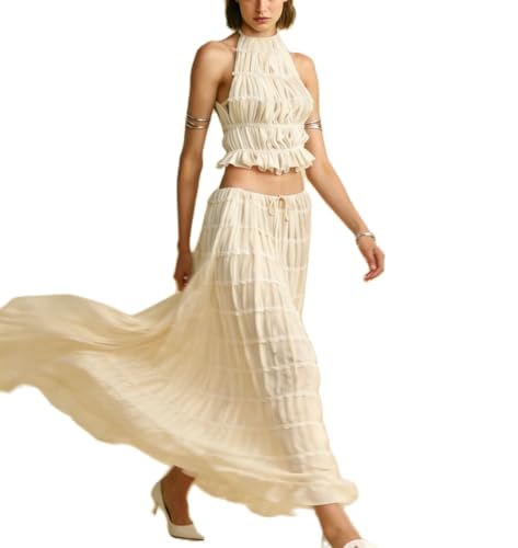 Image of Women Y2K Skirt Set Outfits Strapless Crop Top Bodycon Midi Skirt Dress Sexy 2 Piece Knit Outfits Skirt Summer