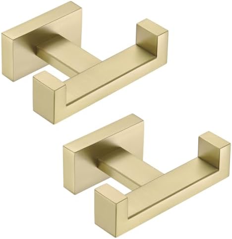 APLusee Brushed Gold Double Towel Hooks, 2 Pack, Heavy Duty Wall Mounted