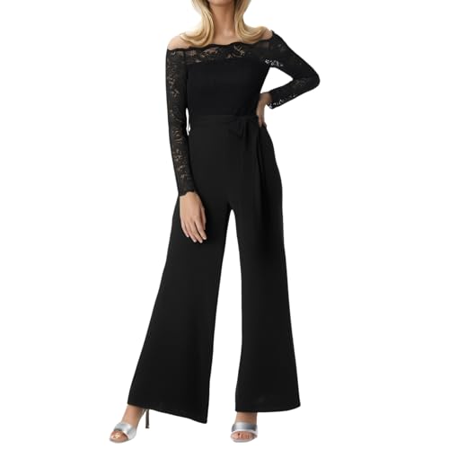Generisch Mono elegante para mujer con cuello bardote y pantalones acampanados, mono de noche ajustado con pierna ancha, mono festivo para ocasiones especiales, Style_z01 Negro, M