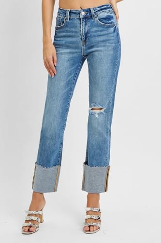 SALT TREE Risen Jeans - High Rise Wide Cuffed Straight Jeans - RDP54844