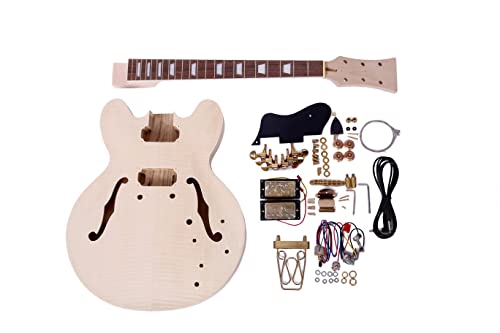 UXG DIY Hollow-Body Electric Guitar Kits with Golden Accessories,6 String Right Handed,Set w/Dual Humbucker Pickups,maple Neck and Rosewood Fingerboard,Natural