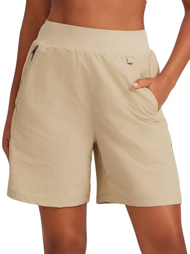 VUTRU Bermudas para mulher, calções de verão, UPF50 para caminhadas, campismo, caqui, S