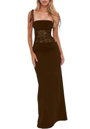 Image of Unybwonn Lace Maxi Dress Sexy Sheer Sleeveless Bodycon Mesh Long Dresses Cut Out Spaghetti Strap Wedding Guest Dress