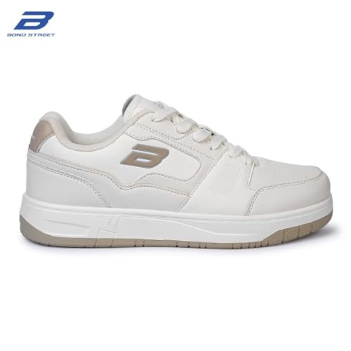Image of Bond Street Men's White & Beige PU Casual Sneakers | Stylish Lace-Up Shoes for Men | Lightweight Footwear | Comfortable & Durable PVC Sole Sneakers