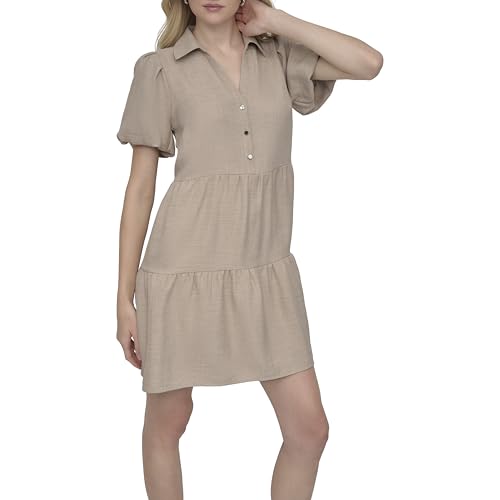 DKNY Women's Short Bubble Sleeve Collared Neck Tiered Skirt Dress