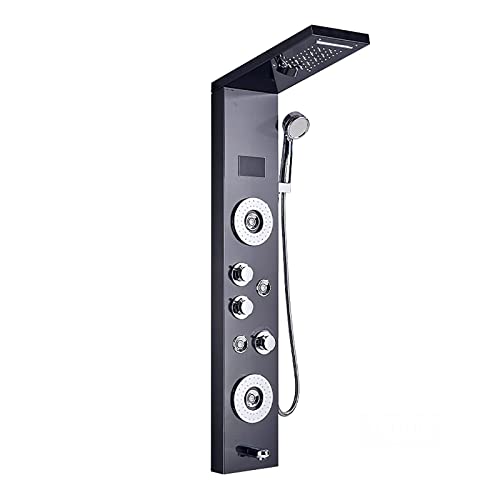 Sistema de columna de ducha con panel LED, pantalla digital y control termostático, incluye ducha superior, ducha de mano, jets corporales y grifo para bañera, color negro