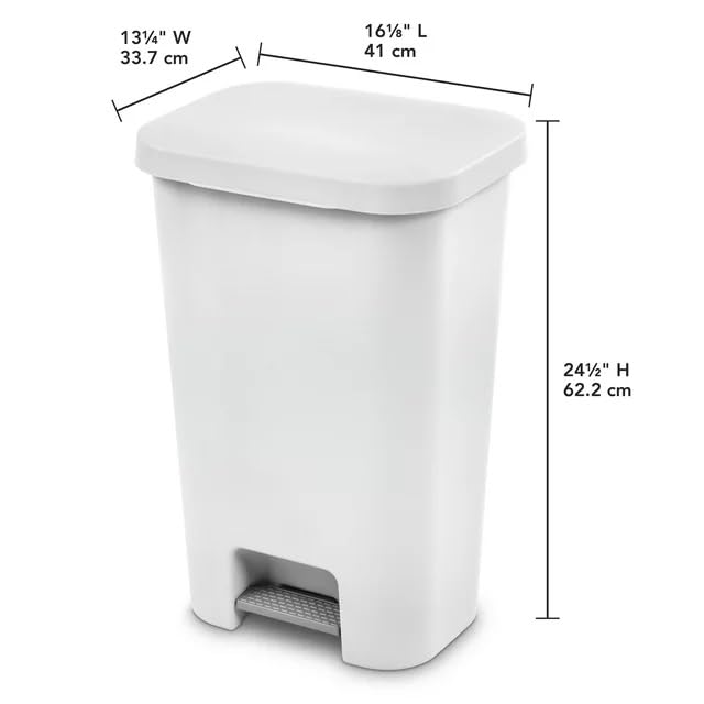 11.9 Gallon / 45 Liter StepOn Plastic Trash Can, Plastic Wastebasket Garbage Bin for Kitchen,Home, Bedroom, Bathroom,Office & Slim Space-Saving, White