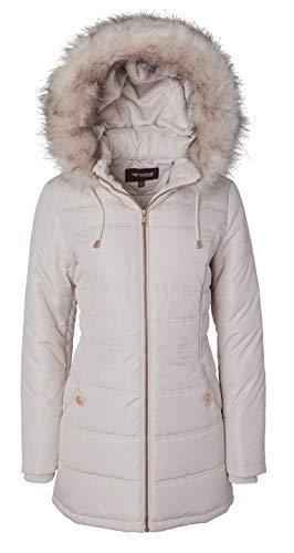 Women's Long Down Alternative Puffer Coat Detachable Plush Lined Fur Trim Hood - Angora (Large)
