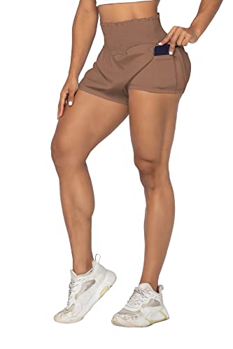Sunzel Women Biker Shorts With Pockets High Waisted Running Shorts With Liner Workout Gym Athletic Shorts Brown #TOP3