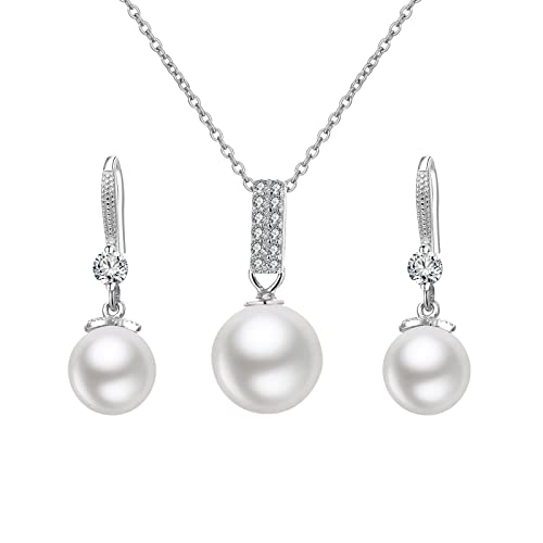 Skcess Schmuck Set 3Tlg Silber 925 Damen, Hook Ohrringe Hängend mit Perle-Anhänger Halskette Silber Kette Schmuck-Set Geschenke für Frauen Valentinstag