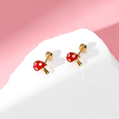 Hanreshe Mushroom Screw Back Earrings for Girls Gold Hypoallergenic Mushroom Crystal Stud Earrings4