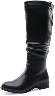 MecKiss Womens Knee High Boots Ladies Flat Low Block Heel Ruched Riding Booties Zip Buckle Winter Slouch Shoes