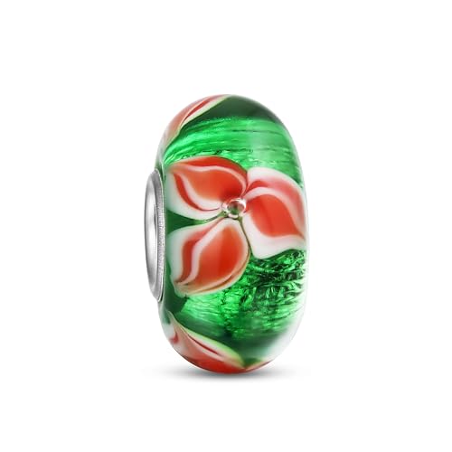Red Green Colorful Murano Glass Holiday Christmas Flower Poinsettia Bead Charm For Women For Teen .925 Sterling Silver Fits European Bracelet